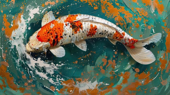 A brightly colored koi fish swimming, depicted in a dynamic abstract art style with vivid splashes of paint.