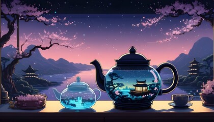 Big Glass teapot containing bioluminescent ship at Twilight highly detailed on windowsill with view out over Japanese blossom garden, midnight, golden glitter sparkles shimmering