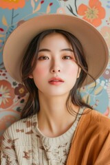 Stylish Young Asian Woman in Beige Hat Posing in front of a Floral Pattern Background