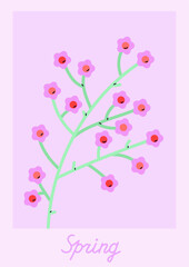 Spring card and poster. Cherry blossom branch. Spring time