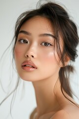 Naklejka premium Portrait of a Young Asian Woman with a Natural Makeup Look and Beautiful Brown Eyes