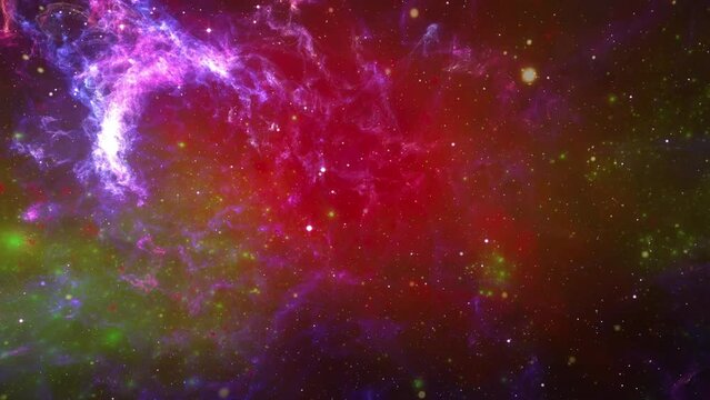 Space background with realistic red, purple, yellow nebula and shining stars. Colorful cosmos with stardust in galaxy.