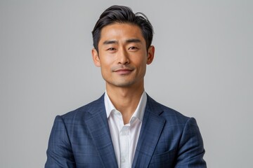 Professional Portrait of a Confident Asian Businessman in a Stylish Suit Posing against a Grey Background