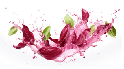 Amaranth leaves sliced pieces flying in the air with water splash isolated on transparent png.
