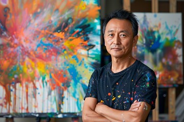 Confident Male Artist Standing in Art Studio with Colorful Abstract Paintings in Background