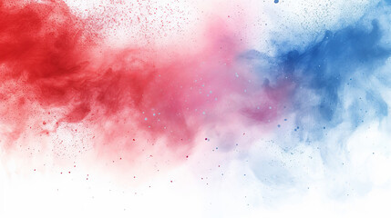 Fototapeta premium Labor day Red, White and Blue colored dust explosion background. Splash of American flag colors smoke dust on white background, Independence Day, Memorial Day patriotic abstract pattern