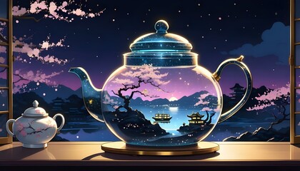 Big Glass teapot containing bioluminescent ship at Twilight highly detailed on windowsill with view out over Japanese blossom garden, midnight, golden glitter sparkles shimmering