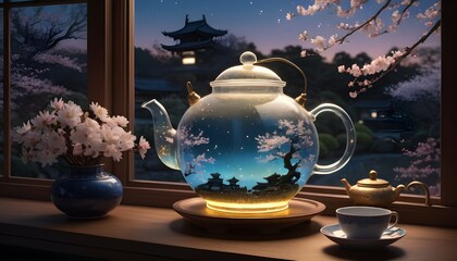 Big Glass teapot containing bioluminescent ship at Twilight highly detailed on windowsill with view out over Japanese blossom garden, midnight, golden glitter sparkles shimmering