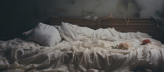This image shows a bed in a bedroom that is covered with a variety of pillows. The pillows are in disarray, giving the bed a messy and cozy look.