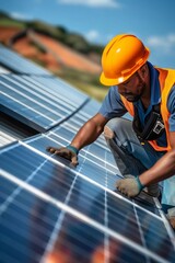 Electricians installing solar panels on rooftops. Solar utility, environmental awareness, maintaining solar panels, vibrant construction scenes with smooth, solar panels, labor on rooftop.