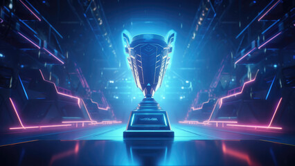 Glowing Victory: Neon-lit Background Frames Champion's Cup
