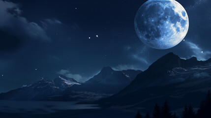 아름다운 달, 보름달, 차가운 보름달, 산과 보름달, 밤, 자연의 밤, 커다란 달, 동그란 달, 눈과 산