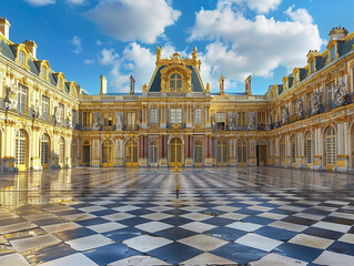 Grand Palace of Versailles in France, showcasing exquisite architecture and intricate design in raw...