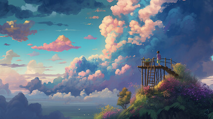 따뜻한 그림, 따뜻한 구름, 무지개색 구름, 아름다운 구름, 구름을 바라보는 사람, 노을지는 하늘