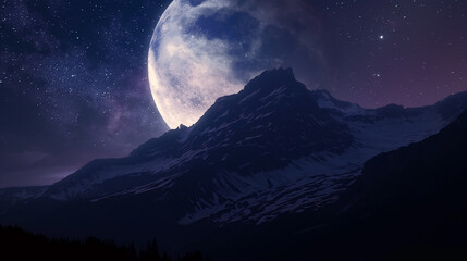 커다란 달과 산, 산 위에 달이 떠 있다. 아름다운 달과 산, 차가운 느낌의 달