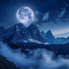 푸른 배경의 산, 차가운 느낌, 차가운 달, 산과 달, 달과 구름, 아름다운 풍경, 아름다운 야경