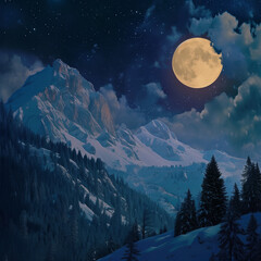 미술, 아름다운 달과 구름, 아름다운 달과 산, 아름다운 구름과 산, 아름다운 산의 야경