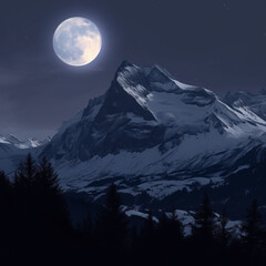 야경, 아름다운 산과 아름다운 달, 눈이 쌓인 산, 동그랗고 커다란 달, 아름다운 풍경