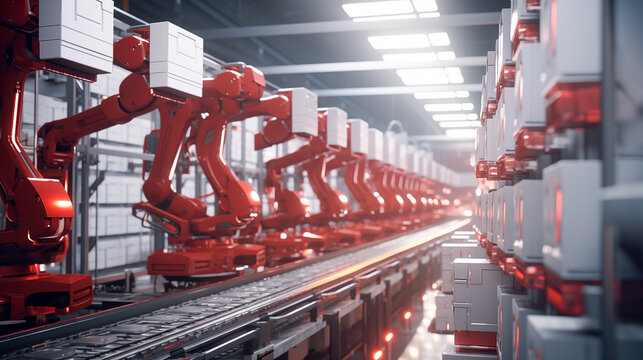 Arm of automobile production line. Large production line with industrial robot arms at modern factory. Automated Manufacturing Facility	