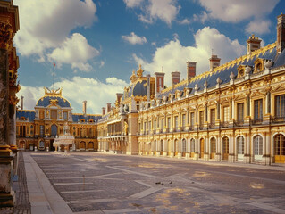 Opulent royal palace in France with intricate architecture and stunning gardens, showcasing wealth...