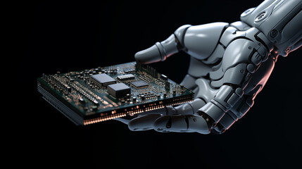 Modern high tech authentic robotic arm holding contemporary supercomputer processor. Industrial robot end effector holding CPU chip - obrazy, fototapety, plakaty