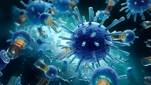 Virus or bacteria cells. Cocci bacteria and virus cells. Microscopic blue bacteria. Healthcare and medicine Concept	