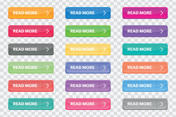 "Elevate web design with our Isolated Read More Button Set. Trendy collection for websites, labels, banners, and more. Vector illustration."