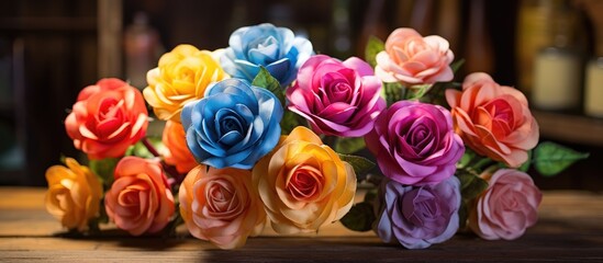 A collection of vibrant multicolored roses is arranged neatly on top of a brown wooden table. The petals of the flowers create a visually striking display against the rustic backdrop.