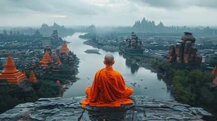 Monk in deep meditation amidst breathtaking temple.generative ai