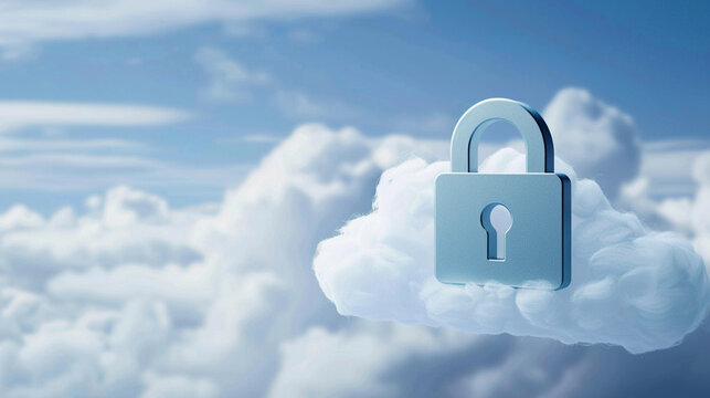 A padlock icon hovering over a cloud network, indicating secure cloud computing services, with copy space