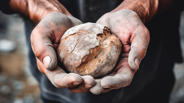 Dirty hands, homeless poor with a piece of bread in modern capitalist society, economic recession, unemployment, poverty, hunger, retirement, global crisis, inequality problem concept