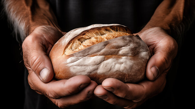 Dirty hands, homeless poor with a piece of bread in modern capitalist society, economic recession, unemployment, poverty, hunger, retirement, global crisis, inequality problem concept