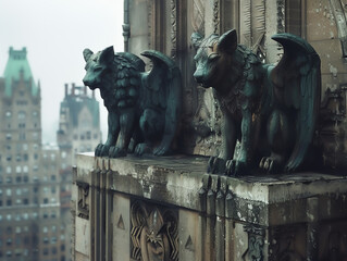 Gargoyles and grotesques perched on an Art Deco skyscraper - obrazy, fototapety, plakaty