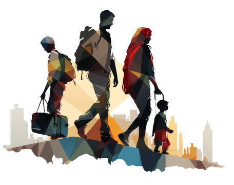 Silhouettes of people carrying belongings