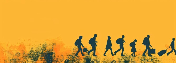 International migrants day banner with silhouettes of people carrying belongings