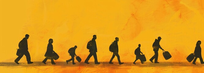 International migrants day banner with silhouettes of people carrying belongings