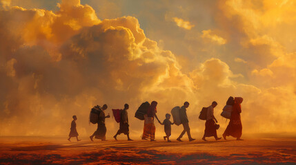 International migrants day banner with silhouettes of people carrying belongings