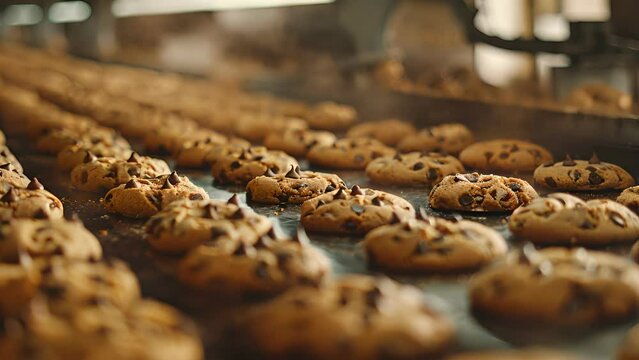 factory Cookie, food industry. Fabrication. Cookie production, food, bakery, cook, sweet, dessert, pastry, delicious, cookies, cake, tasty, oven, automatic, conveyor, bakehouse