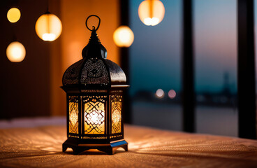 the theme of the Muslim holiday of Ramadan, a lamp and candles are on the table on the tablecloth near the window