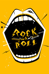 Party music decorated with rock and roll screaming mouth signs on a background design template for a music festival banner or concert poster. - 754394756