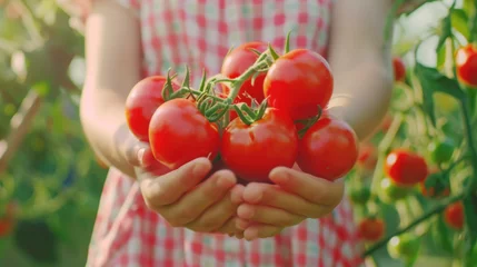 Fototapeten Freshly picked ripe red tomatoes in woman's hand © Kondor83