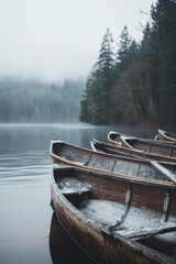 Obraz premium A gray colored photograph of wooden boats on a lake with a forest in the background, in the style of dreamy compositions, ominous vibe, analogue filmmaking, minimalist sets, generated with AI