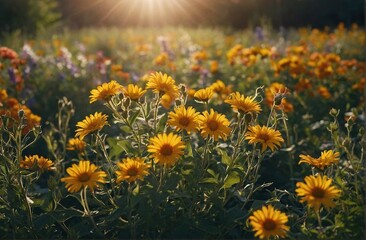 Vibrant field of blooming yellow flowers under a golden sunlight