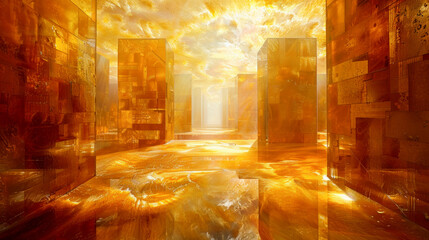 Imaginary interior of room with walls made of amber