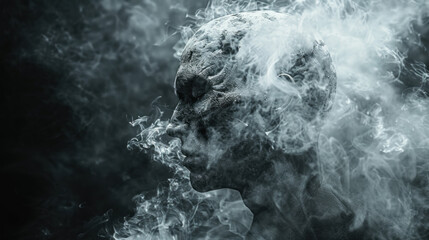 Smoking head of a man - concept of headache, migraine, mental illness - obrazy, fototapety, plakaty