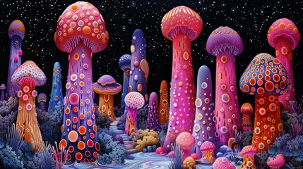 Fotobehang A psychedelic and vibrant landscape of whimsical mushroom varieties in an artistic representation © Kondor83