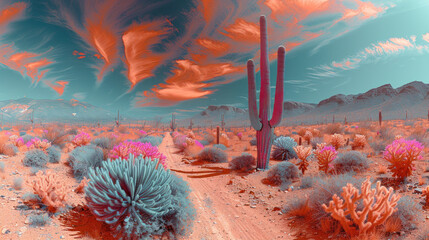 Infrared Desert Landscape with Cacti - obrazy, fototapety, plakaty