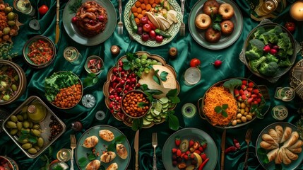 photorealistic top down shot of a feast for Ramadan with food all on the table. Green color scheme, Muslim food, eid decoration, generated with AI
