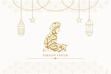 Fototapeten Ramadan Kareem Greeting Card Vector Line Illustration with Calligraphy of Kneeling in Prayer. © ryanbagoez