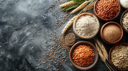 Banner image of various grains such as lentils, flours (e.g., wheat flour, cornmeal), oats, along with herbal teas or herbs, generated with AI